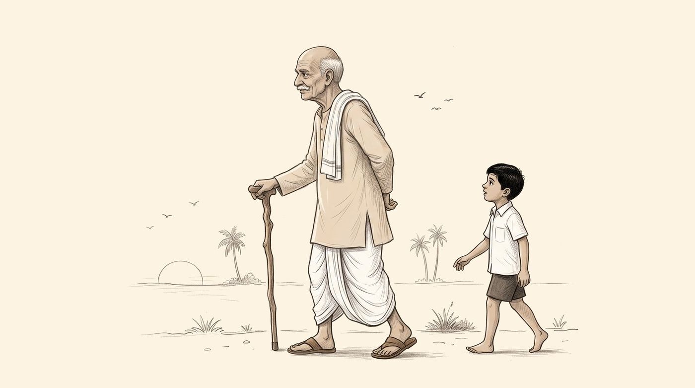 తాతగారు, చిన్నా కలిసి నడుస్తూ